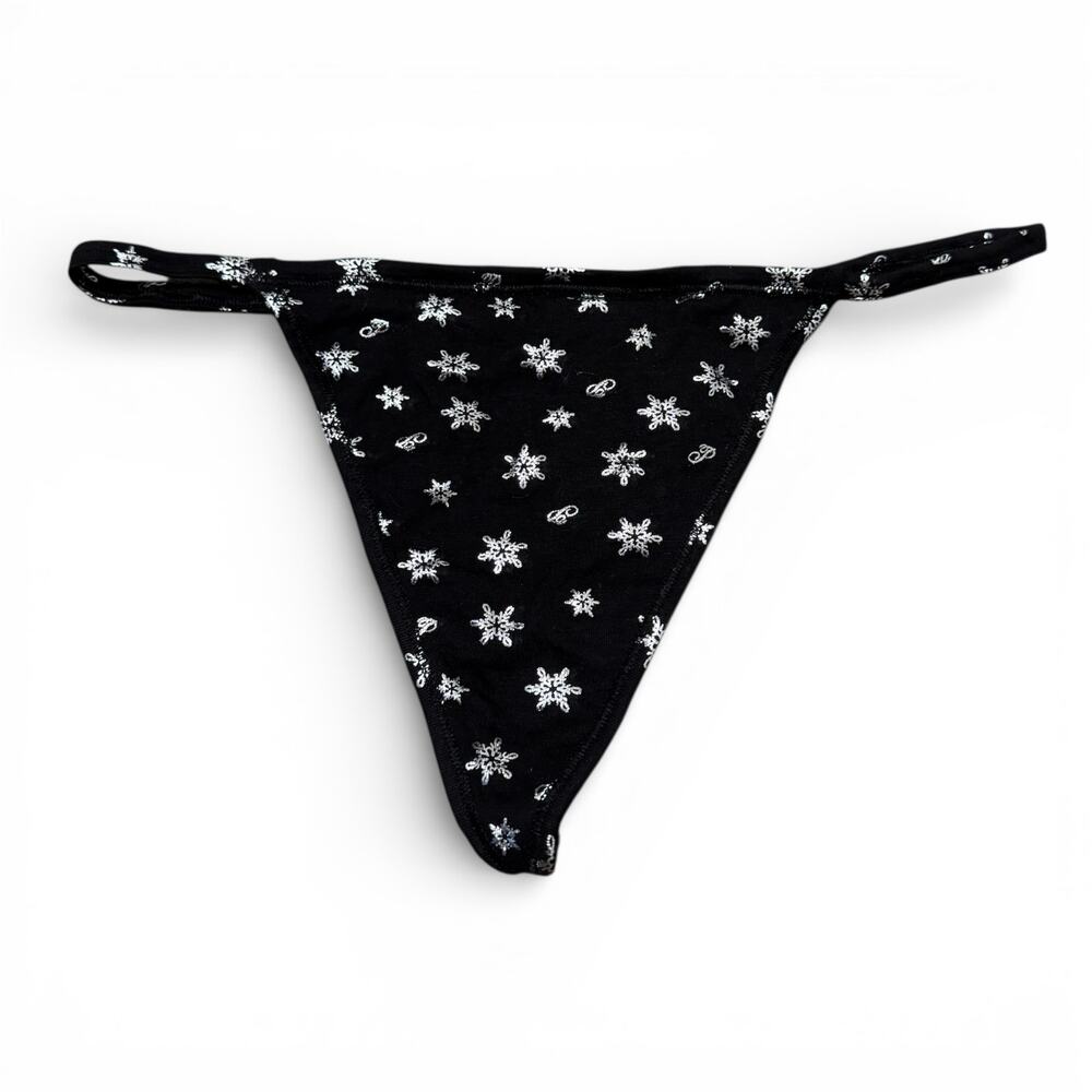 Victoria's Secret Pure Black Foil Snowflake Print Cotton G String Panty Size L